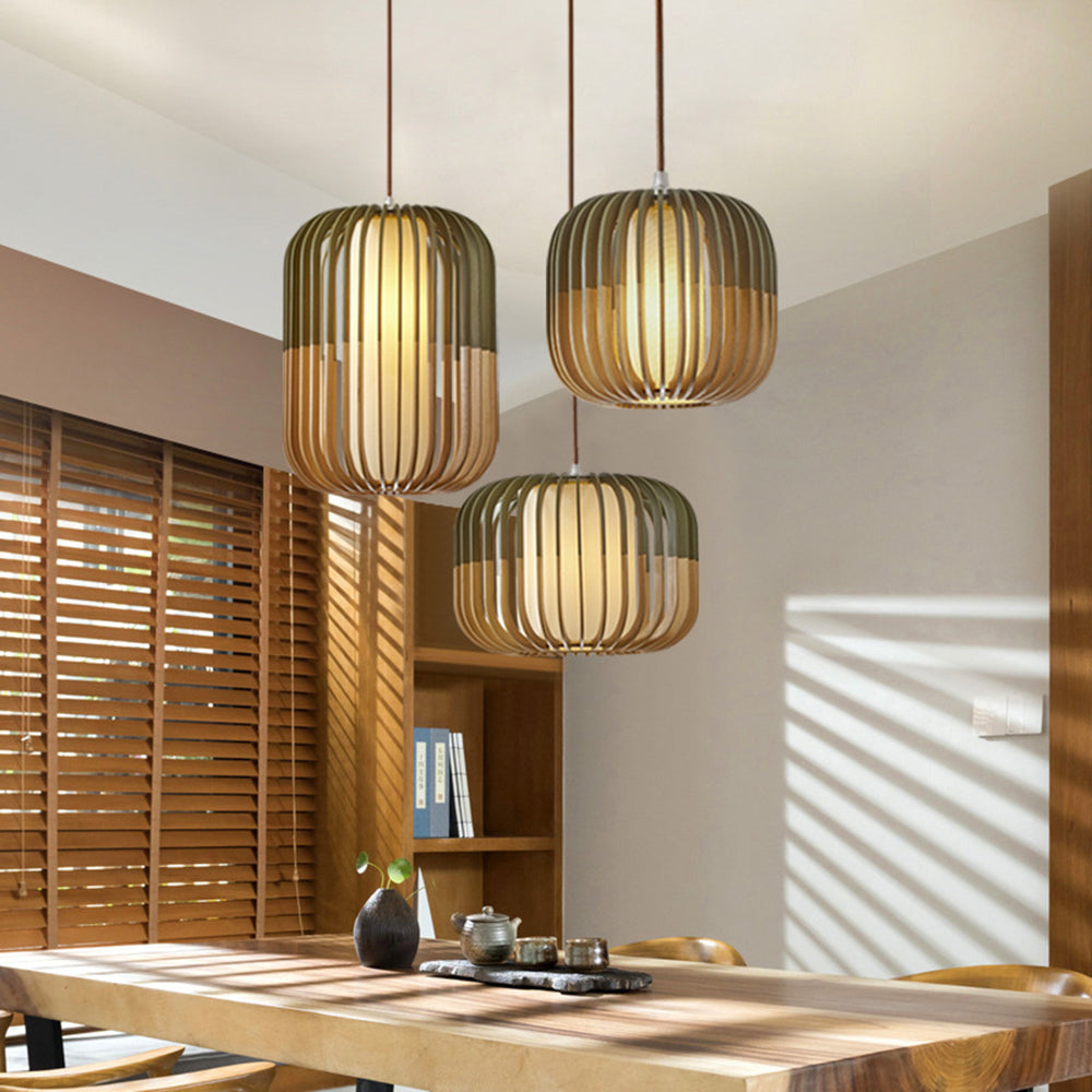 Ozawa Moderne LED Gabbia Lampade a Sospensione Legno Tessuto Oro Soggiorno/Camera da Letto