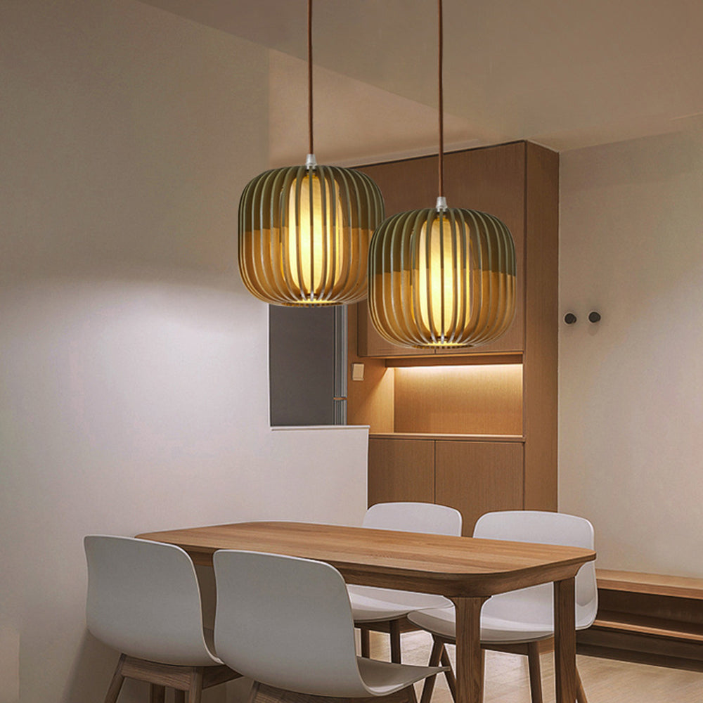 Ozawa Moderne LED Gabbia Lampade a Sospensione Legno Tessuto Oro Soggiorno/Camera da Letto