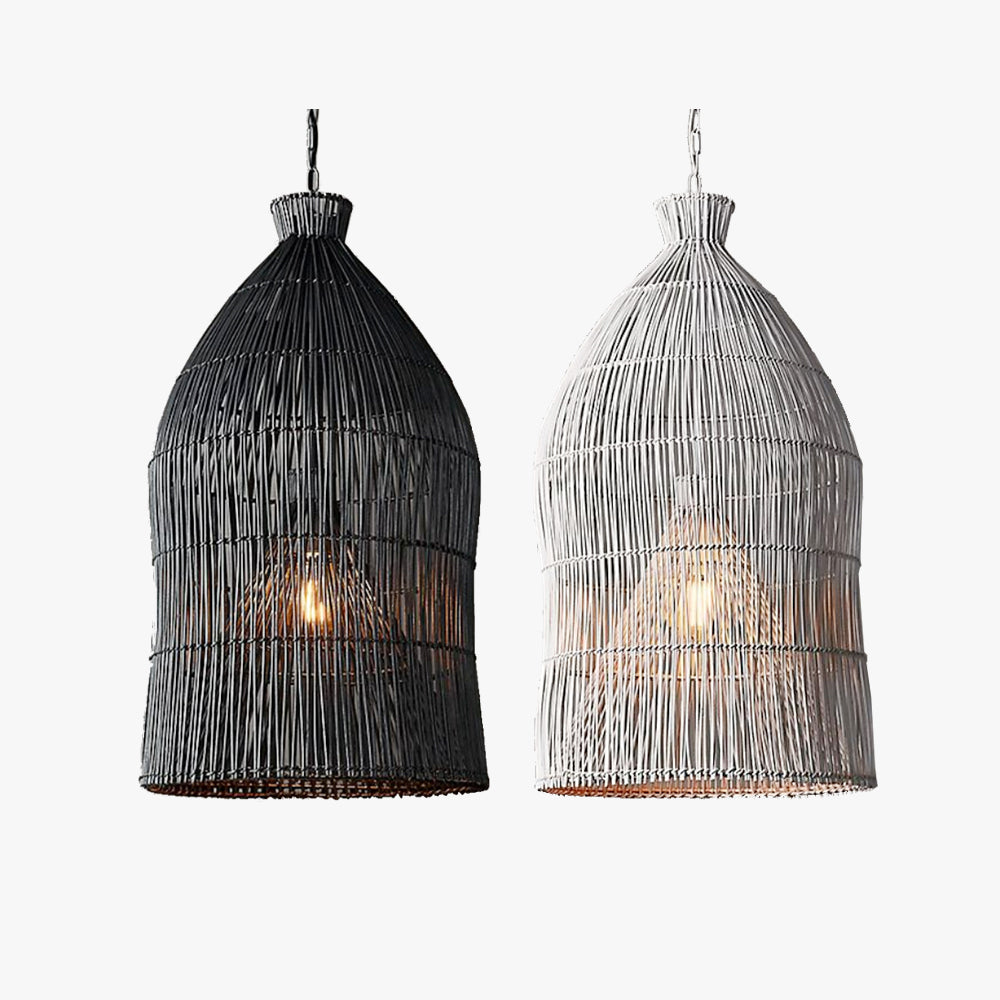 Muto Lampada a Sospensione LED Design a Gabbia per Uccelli in Metallo/Rattan Nero/Bianco per Camera da Letto/Soggiorno